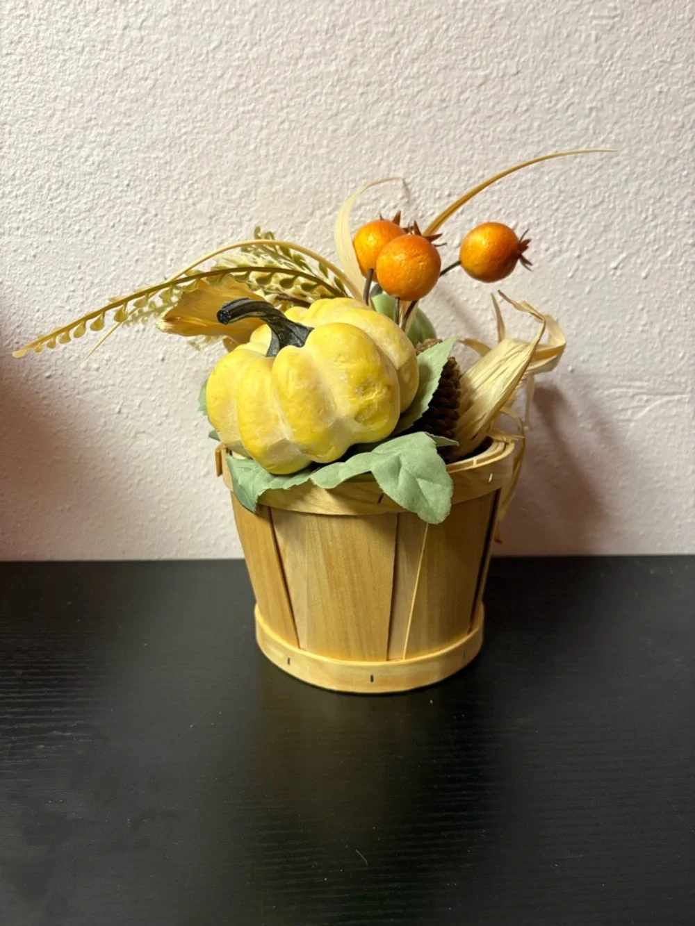 Fall Pumpkin Basket Centerpiece Rustic Harvest Decor Mini Wooden Bucket